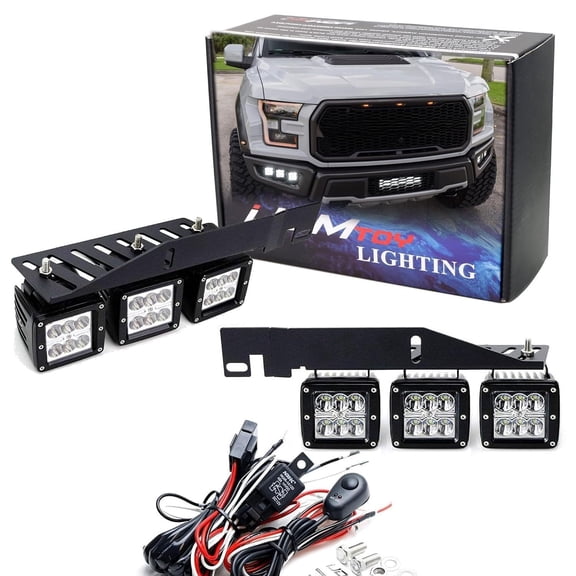 Lower Bumper Mount High Power Triple Pods LED Fog Light Kit For 2017-20 Ford Raptor, Includes (6) 24W 2x3 LED Pod Light, Heavy Duty Mounting Brackets & On-Off Relay Wiring