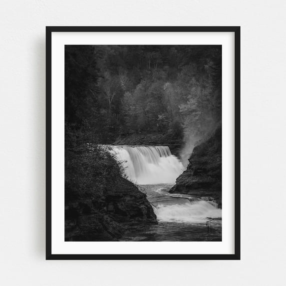 Lower Falls, Letchworth B&W - Castile New York Photography Black Framed Wall Art Print 30 x 40 inches