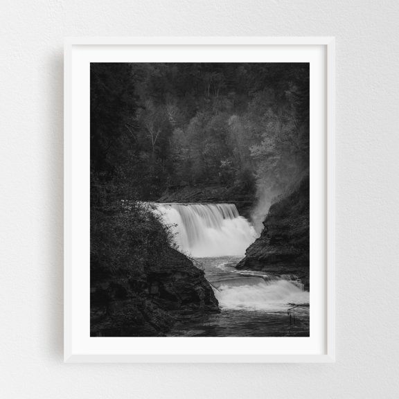 Lower Falls, Letchworth B&W - Castile New York Photography White Framed Wall Art Print 16 x 20 inches