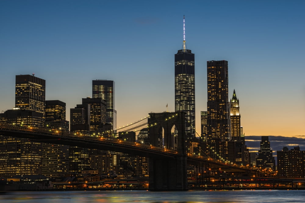 Lower Manhattan at twilight with the Brooklyn Bridge New York City New York United States of America Canvas Art - F M Kearney Design Pics (18 x 12)