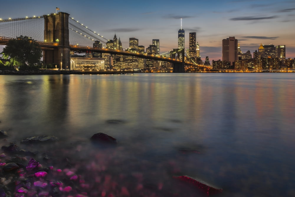 Lower Manhattan at twilight with the Brooklyn Bridge Brooklyn Bridge Park Brooklyn New York United States of America Canvas Art - F M Kearney Design Pics (36 x 24)