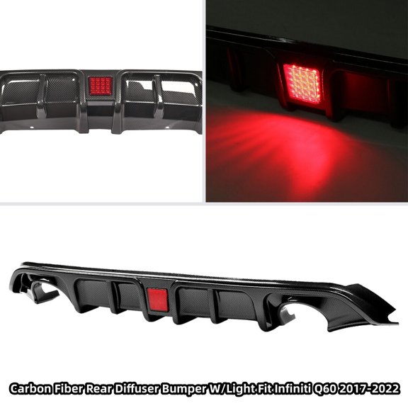 Lower Rear Rear Bumper Diffuser for Infiniti Q60 2017 2018 2019 2020 2021 2022 Carbon Fiber Look with Red LED Brake Light ABS