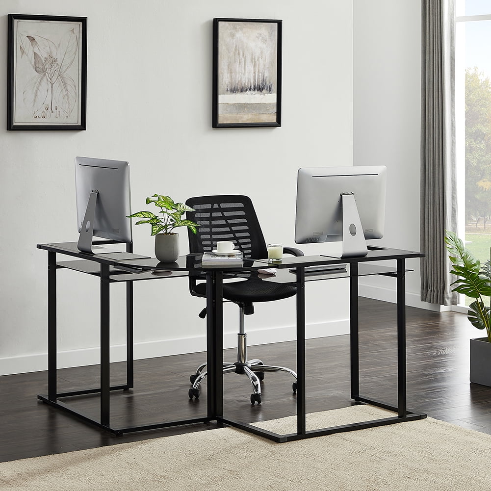 Lowestbest 56" Home Office Computer Desk, L-Shaped Glass Desk with Shelf, Round Corner Glass Workstation Desk, Black Lowestbest 56" Home Office Computer Desk, L-Shaped Glass Desk with Shelf, Round Corner Glass Workstation Desk, Black