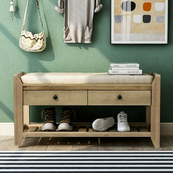Lowestbest Entryway Storage Bench, Shoe Bench Rustic Solid Wood Entryway Bench, Shoe Rack with Cushioned Seat and Drawers, Wood Color