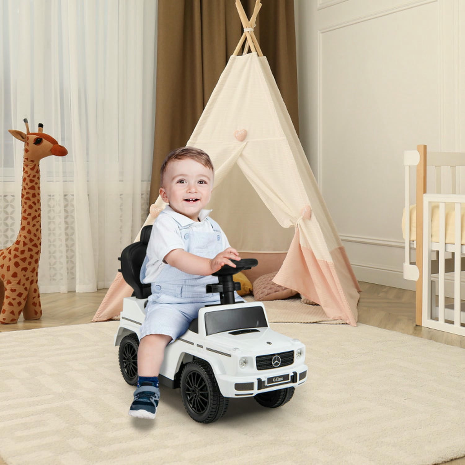 Lowestbest Kids Toddler Trolley, Kids Electric Car, 3-In-1 Kids Ride on Mercedes Benz G350 Push Car with Canopy,White