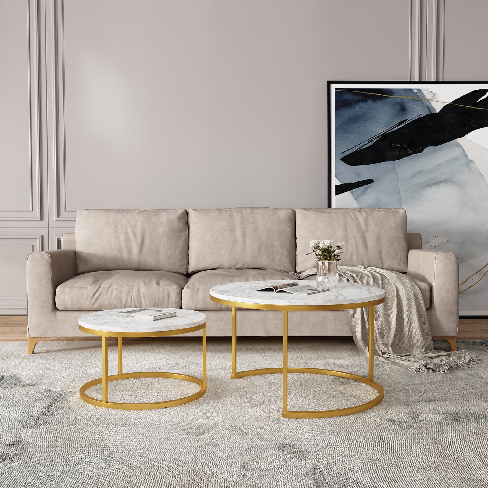 Lowestbest Marble Coffee Tables, Round Nesting Side Tables with Gold Metal Frame, White&Gold, Set of 2
