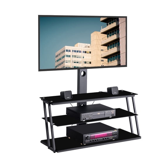 Lowestbest Multi-Function Adjustable Tempered Glass TV Stand with 3 Tier, Black