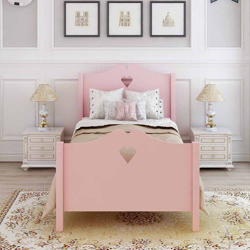 Lowestbest Platform Beds for Teens, Twin Size Bed Frame with Wood Slat Support and Headboard and Footboard, Pink