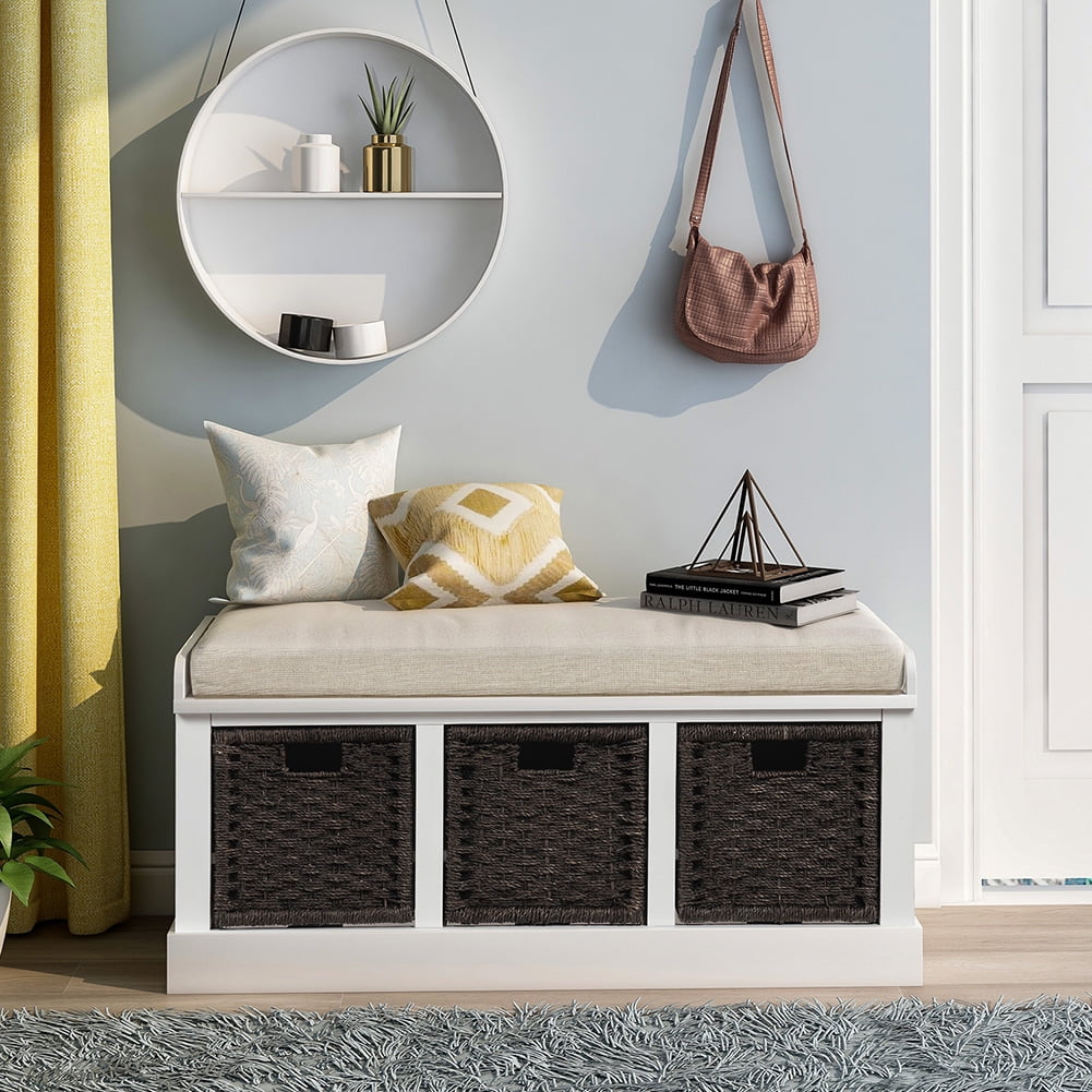 Lowestbest Rustic Storage Bench with 3 Basket Entryway Bench Storage Bench with Removable Cushion White Walmart