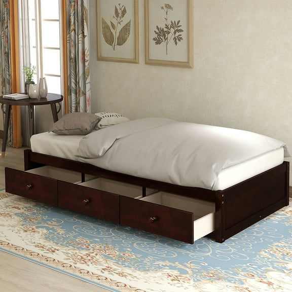 Lowestbest Solid Wood Twin Size Bed with Storage, Platform Bed with 3 Drawers-Espresso