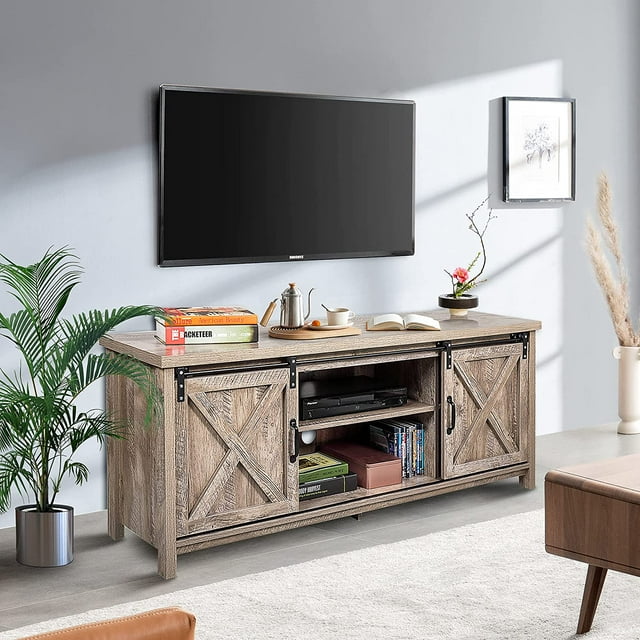 Lowestbest TV Cabinet with Sliding Wood Barn Doors, Television Stands Cabinet Console for Living Room Bedroom, Rustic Natural