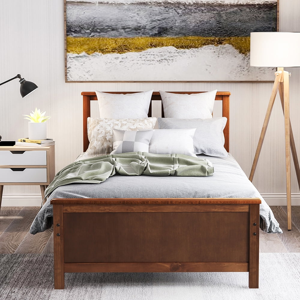 Lowestbest Twin Size Wood Platform Beds with Headboard, Footboard and Wood Slat Support, Walnut