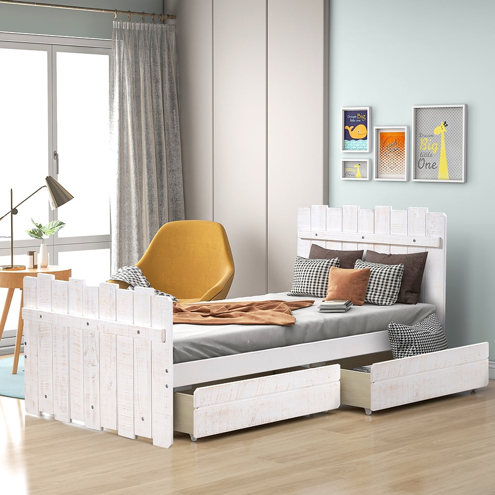 Lowestbest Vintage Wood Twin Platform Bed Frame with Headboard and Footboard, White Lowestbest Vintage Wood Twin Platform Bed Frame with Headboard and Footboard, White