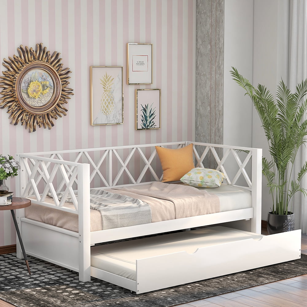 Lowestbest Wood Daybed with Trundle, Twin Size Day Bed Sofa Bed, X-shaped Back Design, White