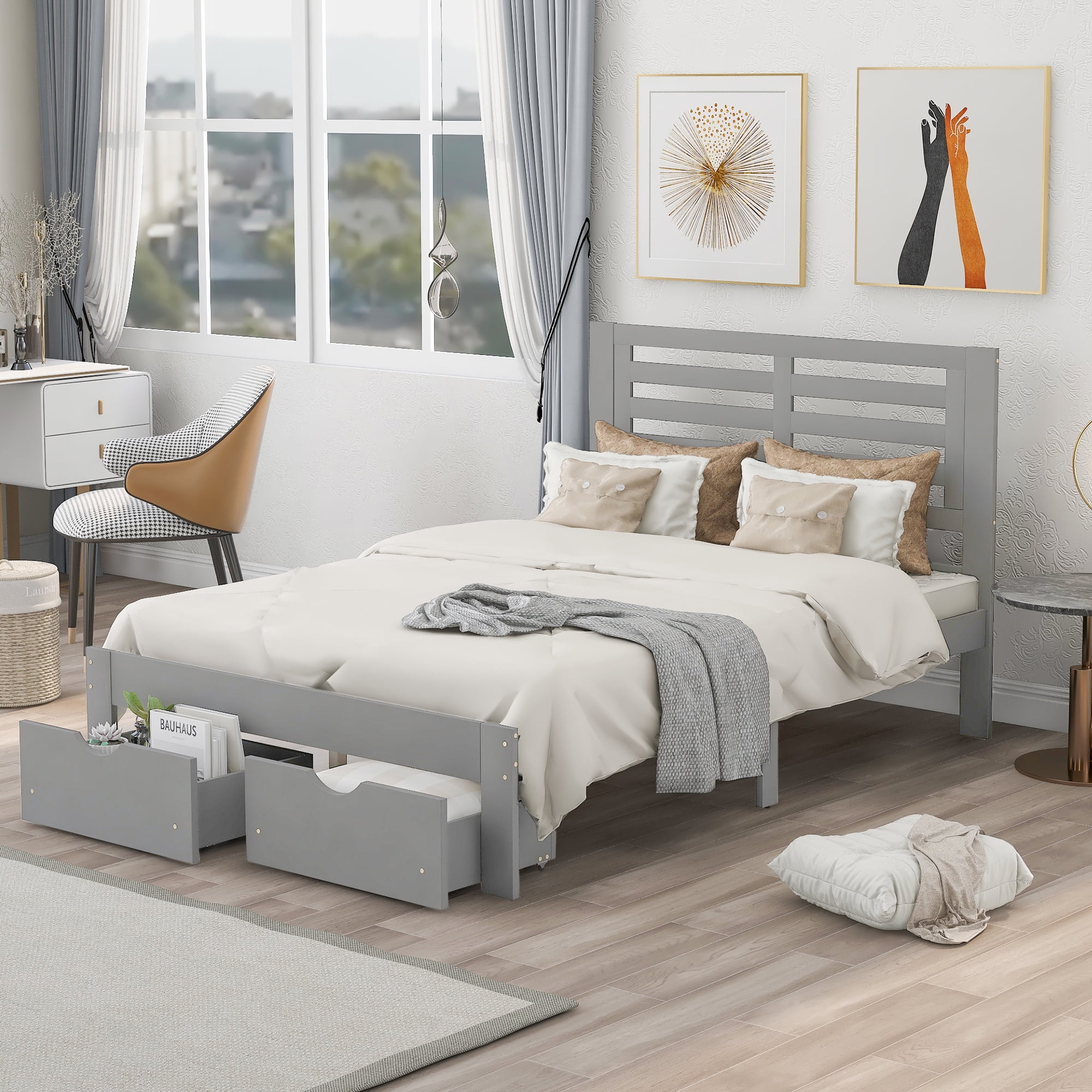 Lowestbest Wooden Full Platform Bed with Drawer, Modern Bedroom Furniture in Gray Lowestbest Wooden Full Platform Bed with Drawer, Modern Bedroom Furniture in Gray