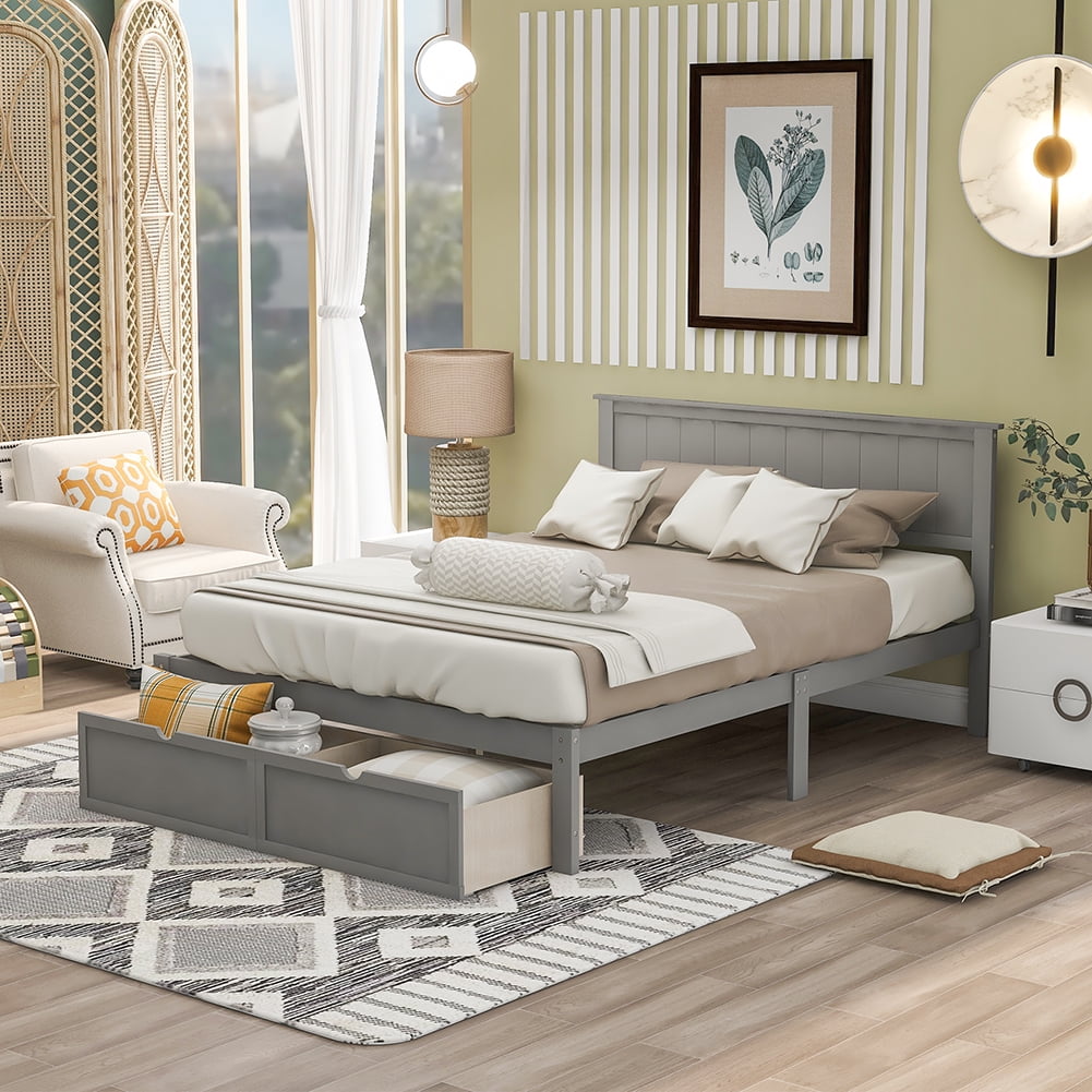 Lowestbest Wooden Full Szie Platform Bed Frame with Storage Drawer and Headboard, Gray Lowestbest Wooden Full Szie Platform Bed Frame with Storage Drawer and Headboard, Gray