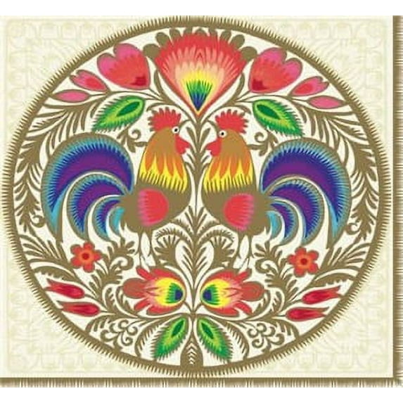 Lowicz Round Cutout Roosters Gold - Polish Folk Decorative Lunch Paper Napkins 40pcs - Perfect for Decoupage, Party, Birthday, Special Occasions, Weddings