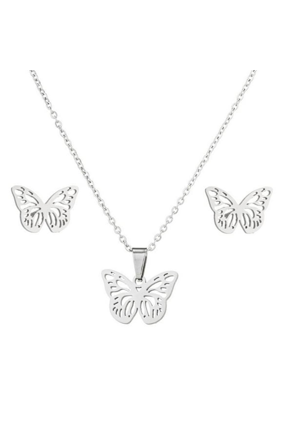 Gifts Sets Women Butterfly Necklace Light Stainless Steel Jewelry Earrings Three Piece Set