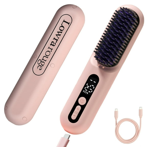 Cordless & Corded Use Hair Straightener Brush, Portable Hair Straightener Comb, USB Rechargeable & 9-Temp Settings, Auto-Off - Pink