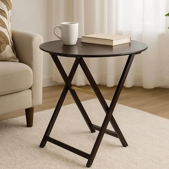 Lowry 20" Small Folding Tray Table Round Metal Side Table with Removable Top, Compact Table for Living Room Dark Brown with Brass Detail$$Furniture
