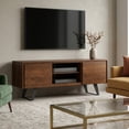 thumbnail image 1 of Simpli Home Lowry 63 inch Wide Solid Wood TV Stand in Walnut For TVs up to 70 inches, 1 of 12
