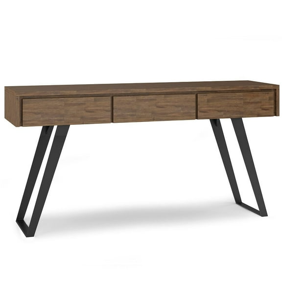 Simpli Home Lowry Modern Industrial Console Sofa Table in Rustic Natural Aged Brown