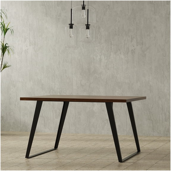 Industrial Square Dining Table with Walnut Veneer Top, Brown Finish