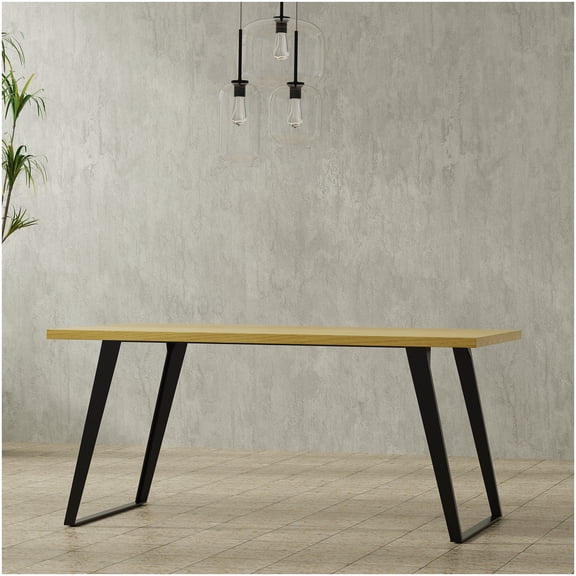 Lowry Solid Wood Oak Veneer Dining Table with Iron Legs, Brown Finish