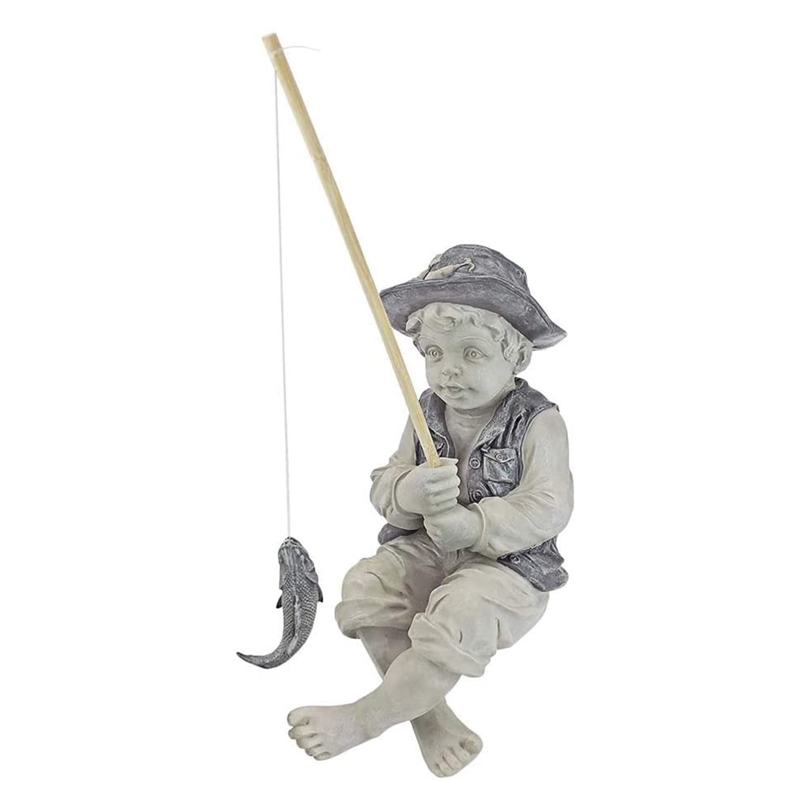 concrete boy with fishing pole Huck Finn Garden Cement Statue Weathered concrete garden statue of