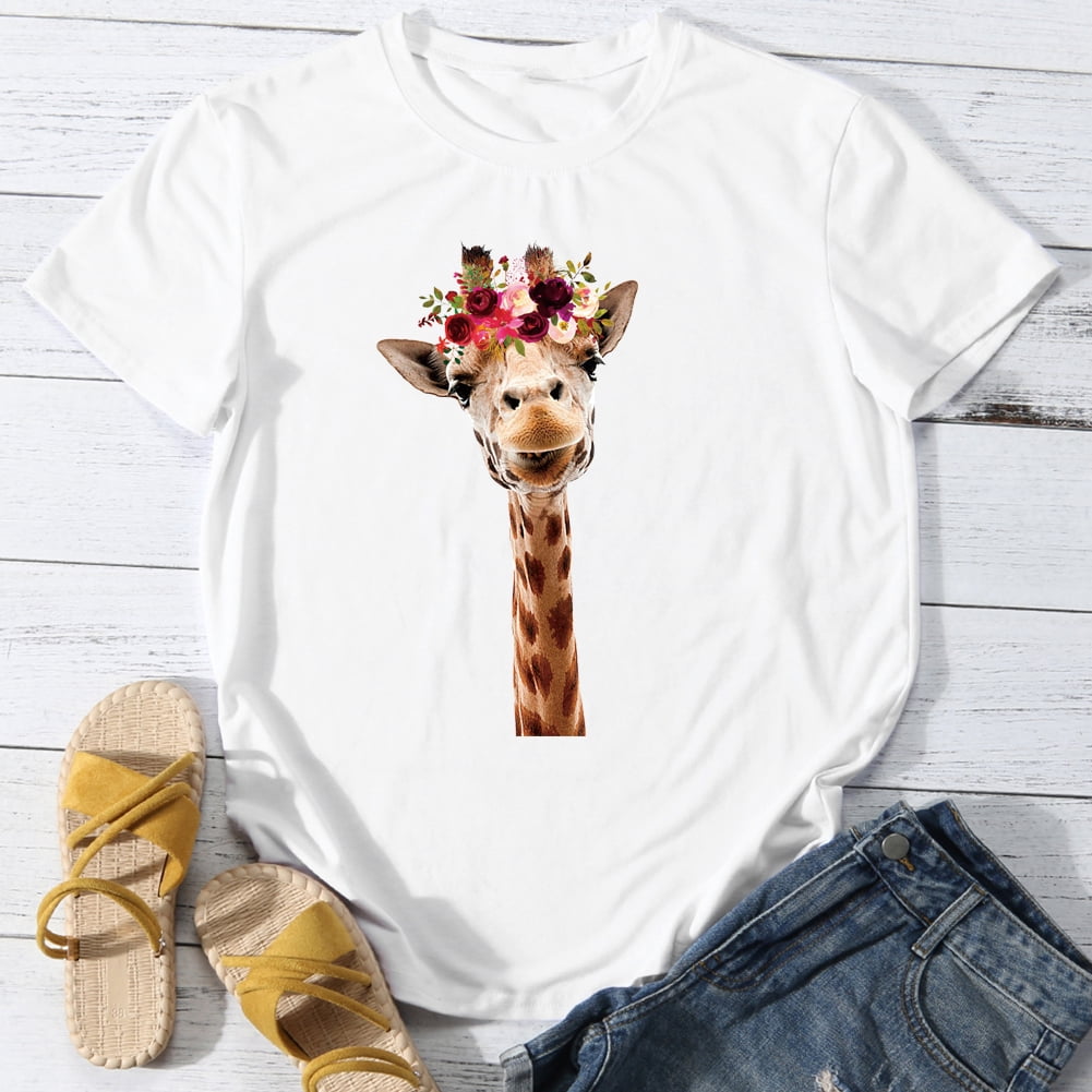 LoyGkgas Women Giraffe and flowers T-Shirt-White-M 