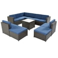 thumbnail image 1 of Loya 9 Piece Patio Sectional Sofa Set with Coffee Table, Rattan Frame, Blue- Saltoro Sherpi, 1 of 6