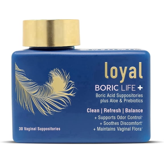 Loyal Boric Life Plus Boric Acid Vaginal Suppositories with Aloe and FOS, 600 mg, 30 Count