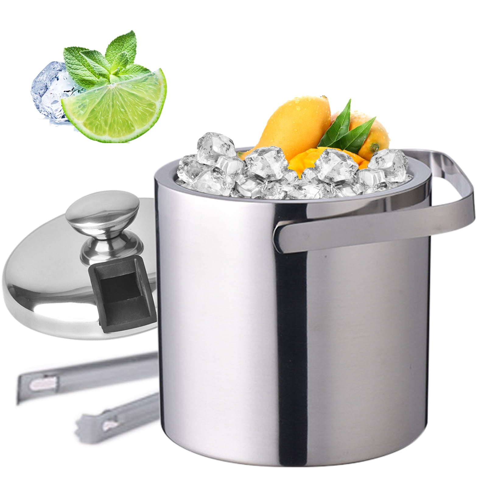 Loyalheartdy 1.3L Double-Wall Insulated Ice Bucket Stainless Steel Ice Cube Beverage Container Silver w/Ice Tongs + Lid