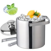 Loyalheartdy 1.3L Double-Wall Insulated Ice Bucket Stainless Steel Ice Cube Beverage Container Silver w/Ice Tongs + Lid