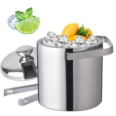Loyalheartdy 1.3L Double-Wall Insulated Ice Bucket Stainless Steel Ice Cube Beverage Container Silver w/Ice Tongs + Lid