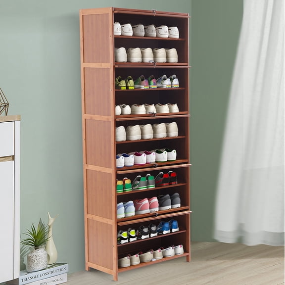 Loyalheartdy 10 Tier Bamboo Shoe Rack Large Wooden Shoe Storage Cabinet with Door Freestanding Shoe Rack Bookshelf Organizer for Entryway Living Room