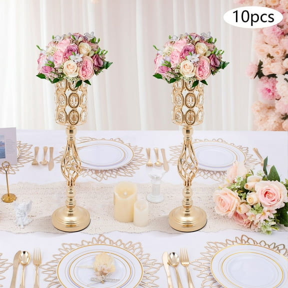 Loyalheartdy 10Pcs Flower Vases Crystal Metal Centerpiece Vase Elegant Wedding Flower Vases for Tables Centerpieces Wedding Flower Stand Decorative Supplies Gold 24.02in