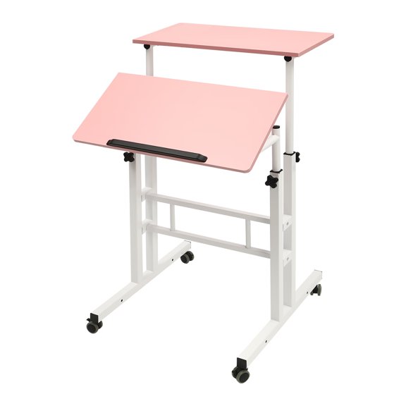 Loyalheartdy 24" Mobile Stand Up Desk Adjustable Height Small Storage Work Station Rolling Desk with Wheels Home Laptop Cart for Standing/Sitting (Pink)