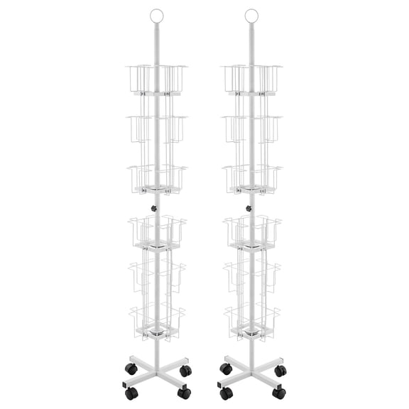 Loyalheartdy 2PCS 6-Tier Metal Rotating Greeting Card Rack 360° Spinning Display Stand Holds 24 Pockets Freestanding Postcards Greeting Card Storage Organiser with 4 Wheels White