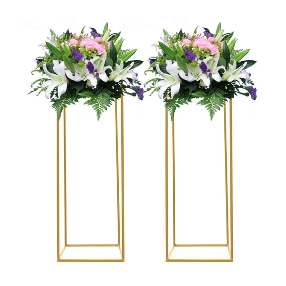 Loyalheartdy 2Pcs Wedding Flower Racks Floor Standing Metal Column Stand Gold Display Holder for Party Dinner Centerpiece (11x11x31.5 Inch)