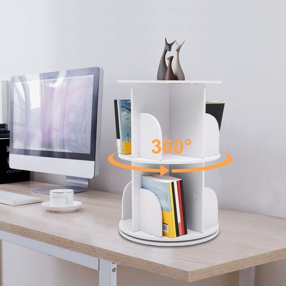 Loyalheartdy 360° Rotating Book Shelf White 2 Tier Standing Storage Bookcase 8 Compartments Book File Organizer Display Shelf for Bedroom Livingroom Office Load 110.23lbs