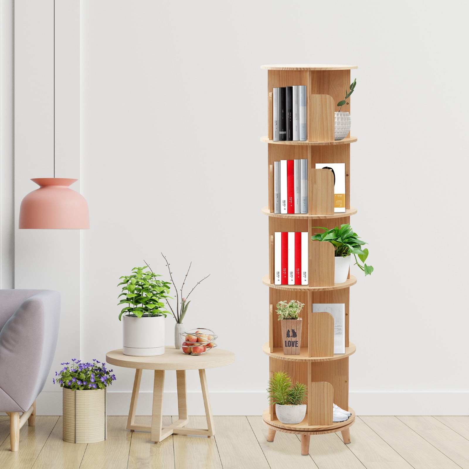 Loyalheartdy 360° Rotating Bookshelf 5Tier Freestanding Cylindrical