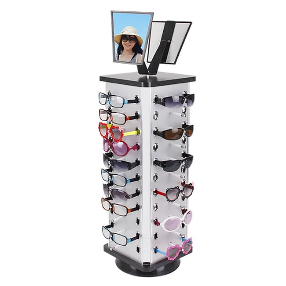 Loyalheartdy 360 Rotating Sunglass Display Rack Freestanding 44 Pairs Glasses Holder Sunglasses Organizer Rack w/Mirror