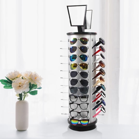 Loyalheartdy 360 Rotating Sunglass Display Rack Freestanding Glasses Organizer Stands Rack w/Mirror (Round)