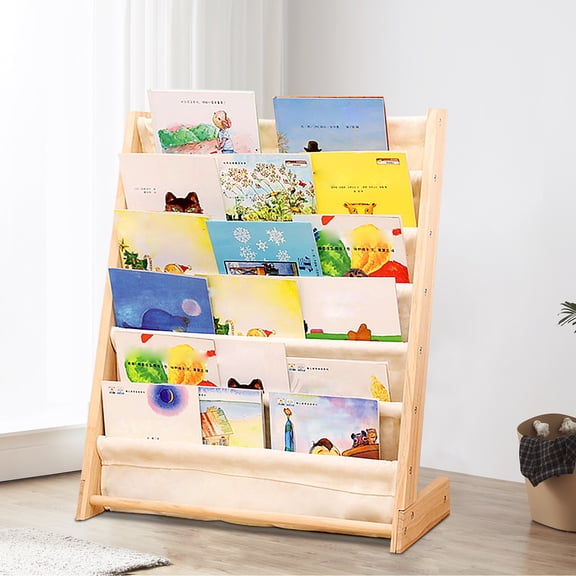 Loyalheartdy 6 Layer Kids Bookshelf Canvas + Pine Foldable Book Shelf Organizer for Kids Book Toys Storage