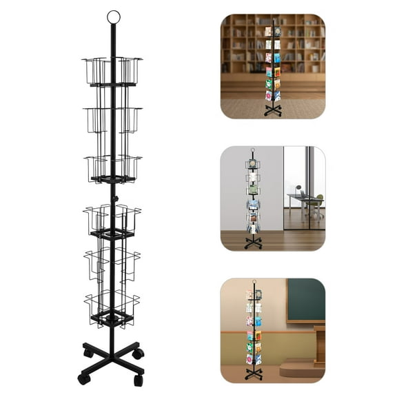 Loyalheartdy 6-Tier Metal Rotating Greeting Card Rack 360° Spinning Display Stand Holds 24 Pockets Freestanding Postcards Greeting Card Storage Organiser with 4 Wheels Black