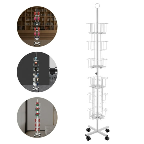 Loyalheartdy 6-Tier Metal Rotating Greeting Card Rack 360° Spinning Display Stand Holds 24 Pockets Freestanding Postcards Greeting Card Storage Organiser with 4 Wheels White