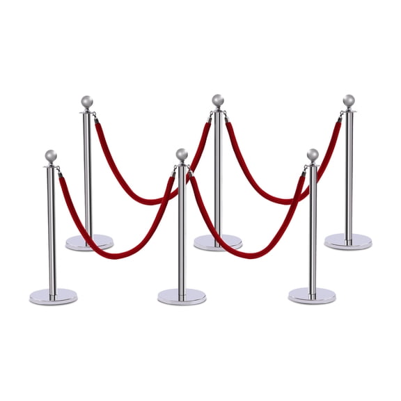 Loyalheartdy 6Pcs Silver Stainless Steel Stanchion Set, 39.4"H Sentry Post Crowd Control Barriers Queue Line w/5Ft Red Velvet Rope