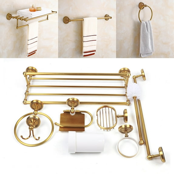 Loyalheartdy 7PCS Bathroom Hardware Set Retro Gold Towel Rack Combination Hanger Hook