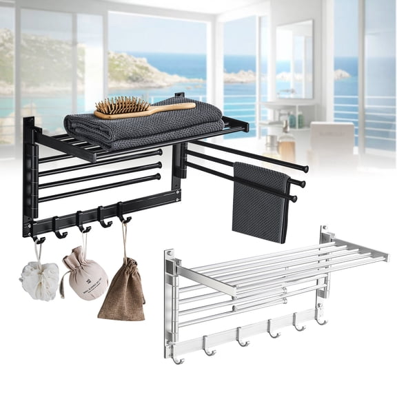 Loyalheartdy Black/Silver Bathroom Swivel Towel Rack Wall Mounted Aluminum Laundry Clothes Drying Rack w/Hooks & Swing Arms